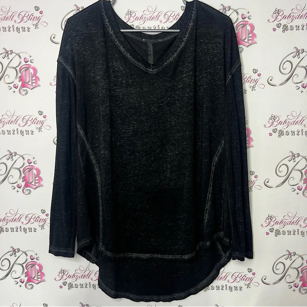 Free people long sleeve distressed black flowy top comfy loungewear grey